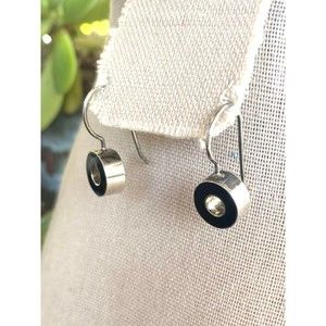 Sterling Silver Black Stone Circle Dangle Earrings